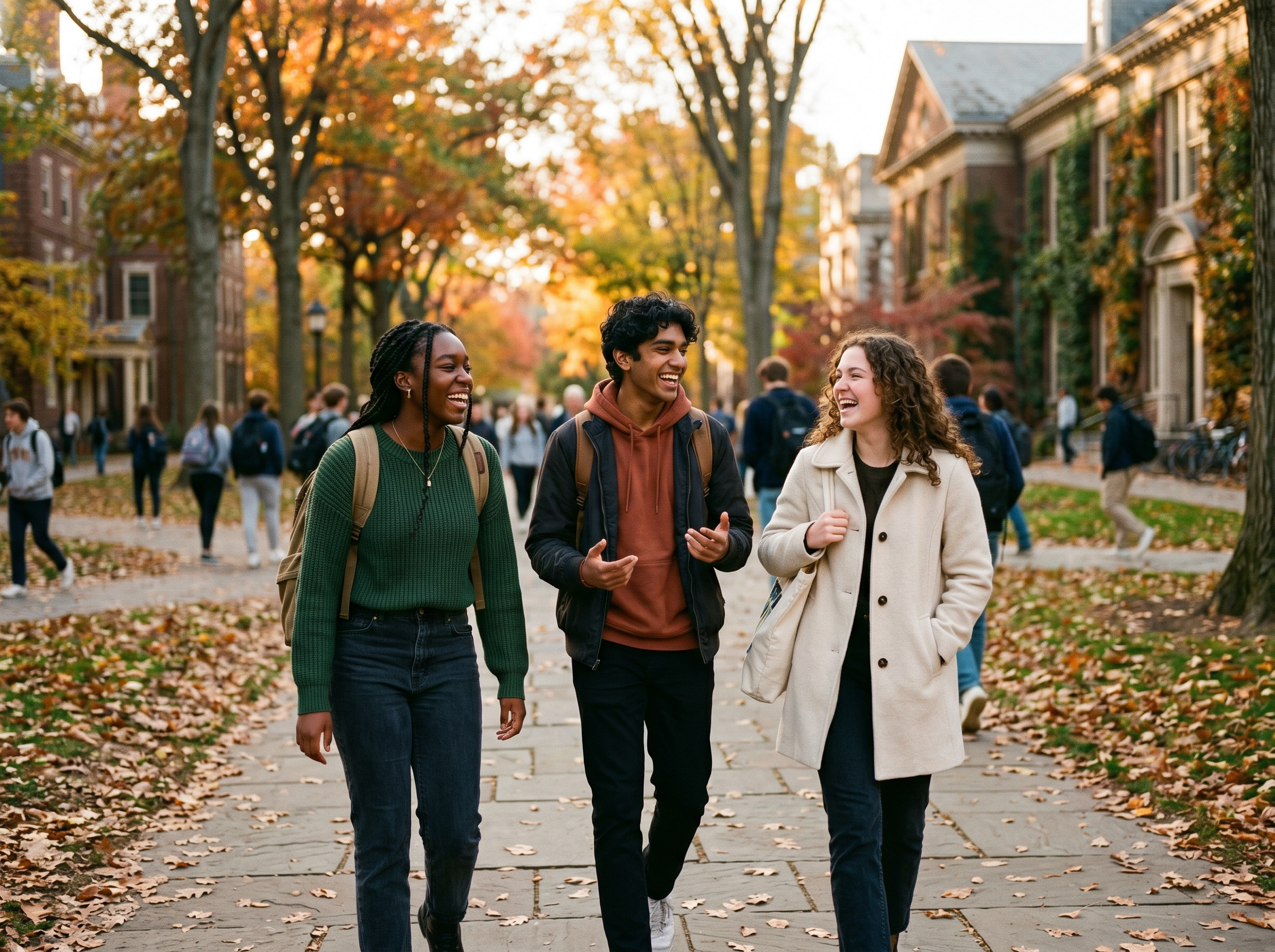 Estudiantes en un campus universitario americano en otoño