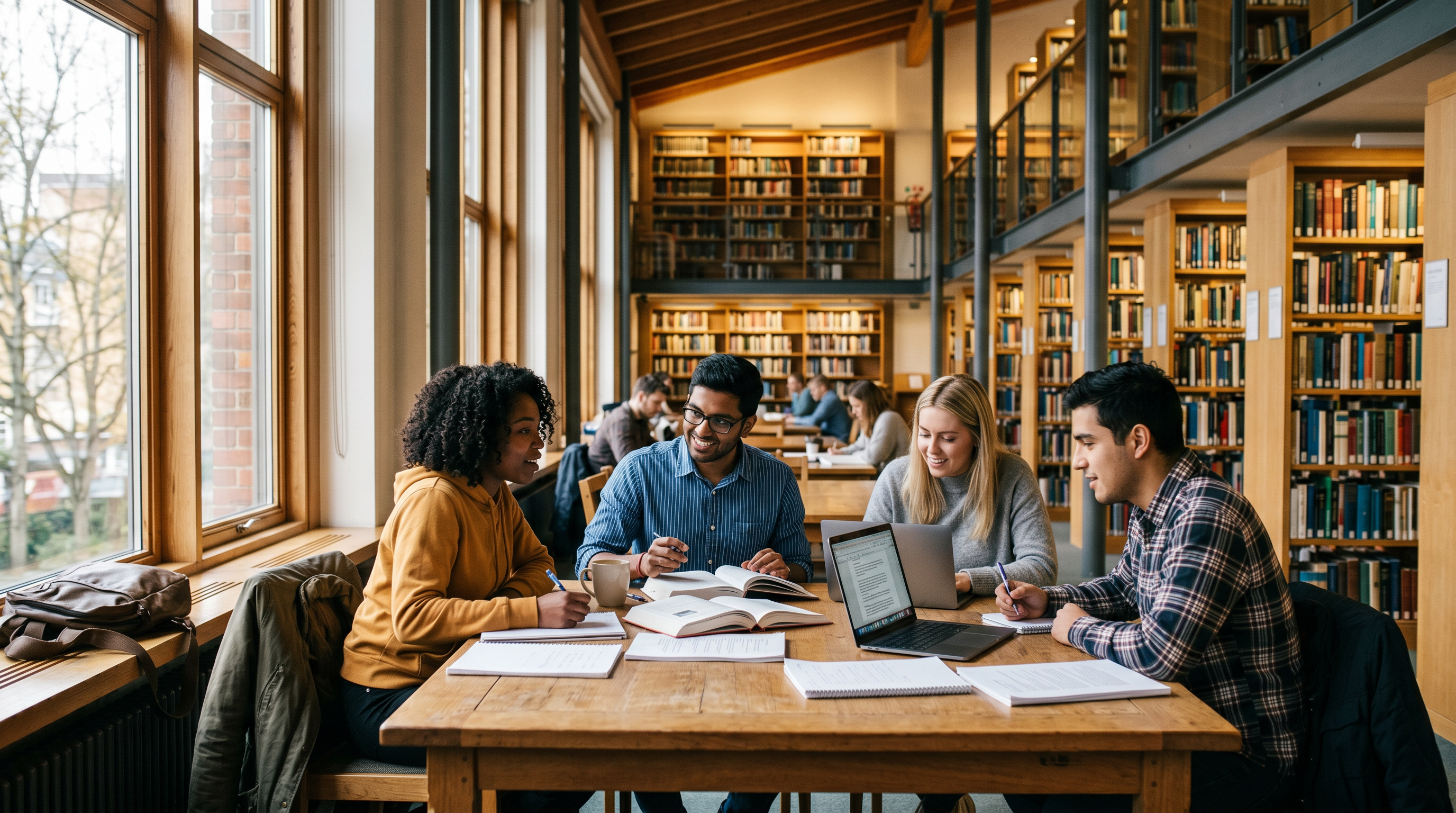 Estudiantes estudiando en una biblioteca universitaria americana